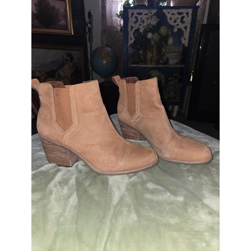 Toms Marina Tan Suede Cap Toe Ankle Booties Womens 12 Stacked Block Heel Chelsea